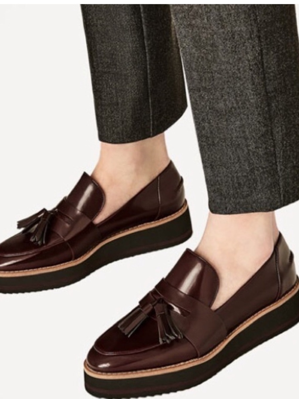 ZARA Platform Tassel burgundy black patent loafers size 38 / 7.5